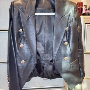 Black Leather Blazer Gold Buttons | Cropped Double Breasted Jacket
